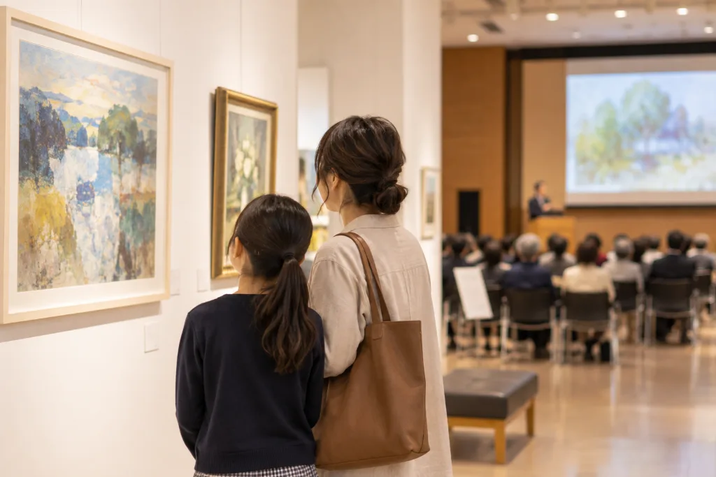 美術館の展示作品を親子で鑑賞する様子と奥の講演会場