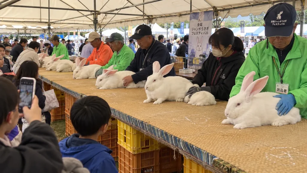 全国ジャンボうさぎフェスティバルの会場に並ぶ大型の白いうさぎ