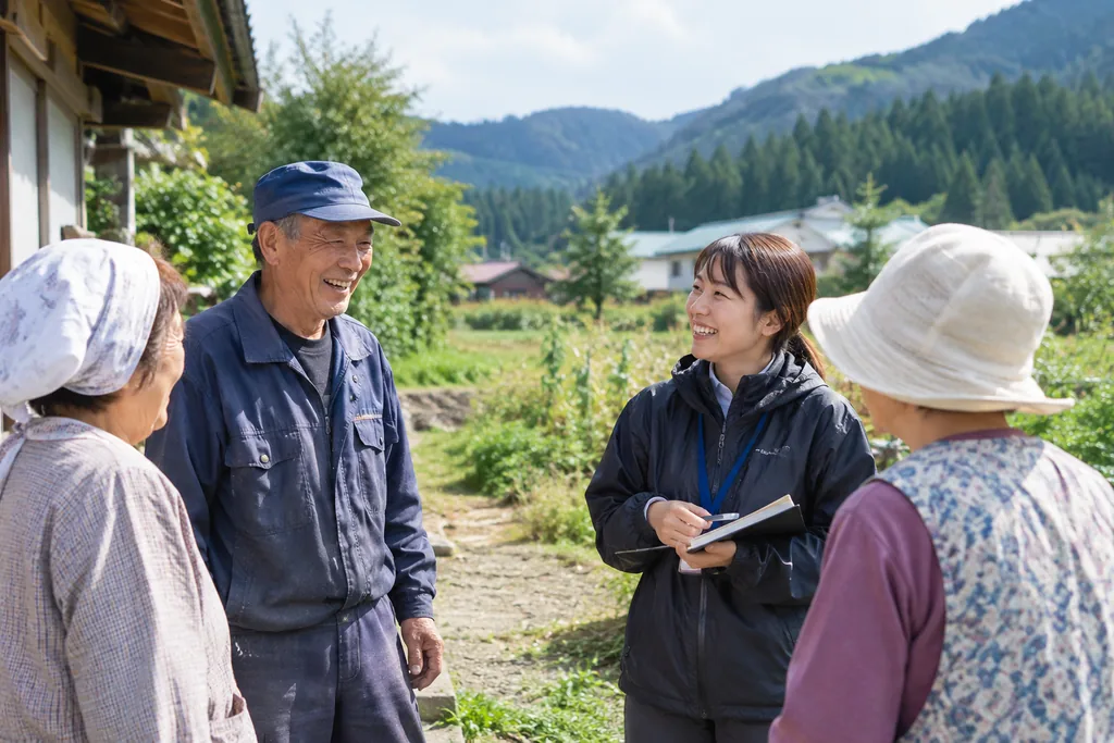 秋田県の農村地域で地域住民と地域おこし協力隊員が交流している様子