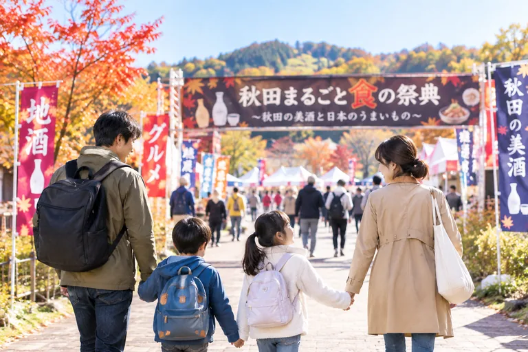 秋田まるごと食の祭典の入口へ歩く家族