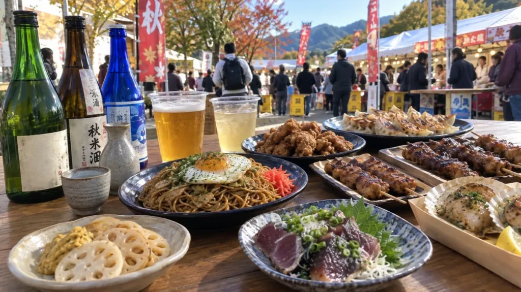 秋田の日本酒と焼きそば、餃子、串焼きなどが並ぶ屋外の食卓