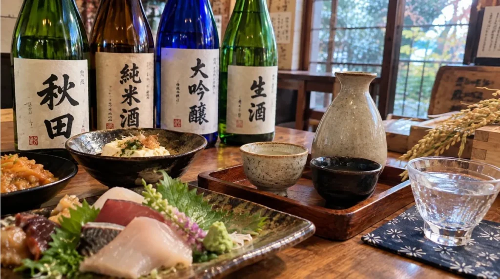 秋田の日本酒の瓶と酒器、刺身などの料理が並ぶ食卓