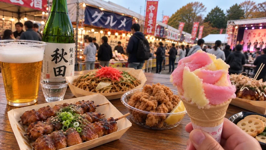 屋台の焼きそばや串焼き、唐揚げ、ババヘラアイス