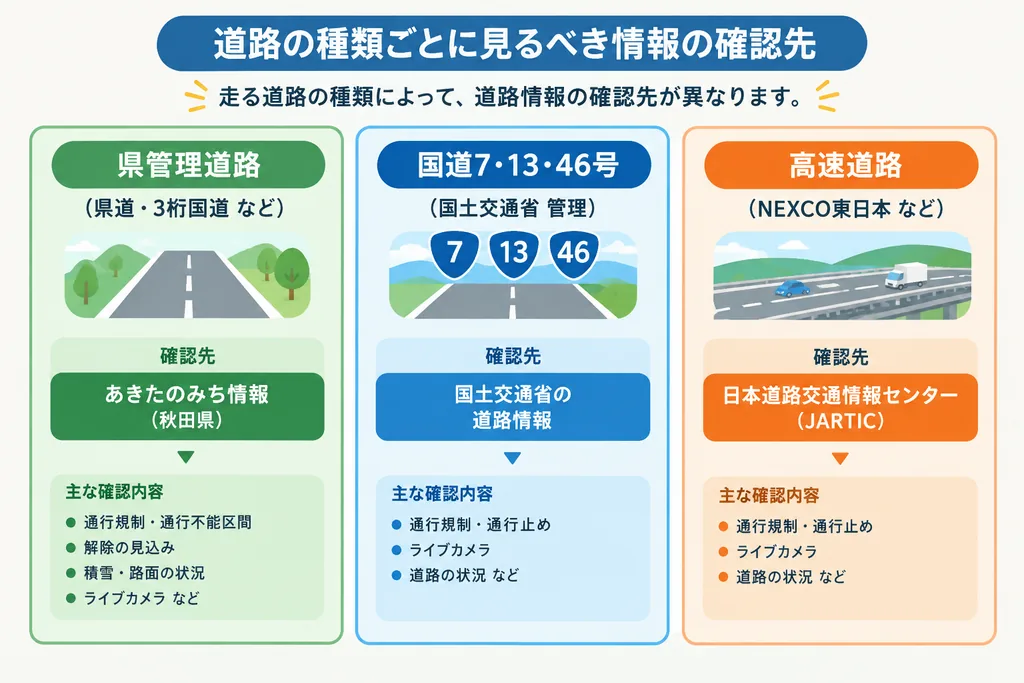 県道・国道・高速道路ごとの道路情報の確認先を示す図
