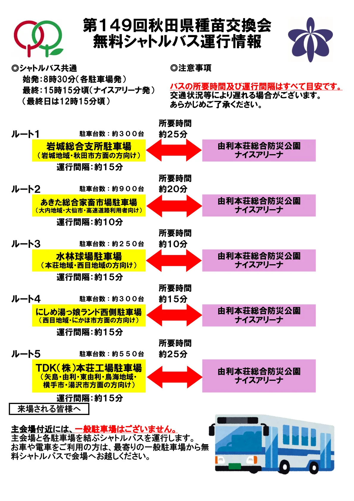 第149回秋田県種苗交換会の一般駐車場とナイスアリーナを結ぶ無料シャトルバス案内