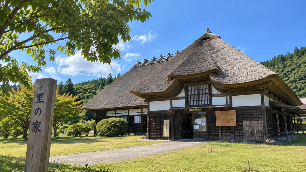 里の家と書かれた木柱の隣に立つ茅葺き屋根の建物