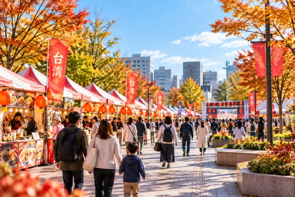 赤い提灯や台湾の旗を掲げた屋台が並ぶ屋外イベント会場と、秋の並木道を歩く来場者