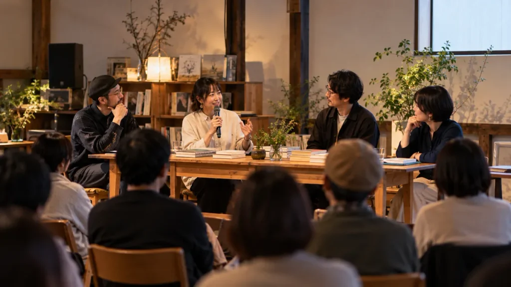 本棚のある会場で登壇者がテーブルを囲み、来場者に向けてトークイベントを行う様子