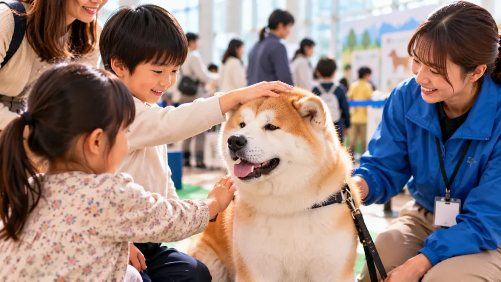 イベント会場で秋田犬をなでる子どもと、そばで見守るスタッフ