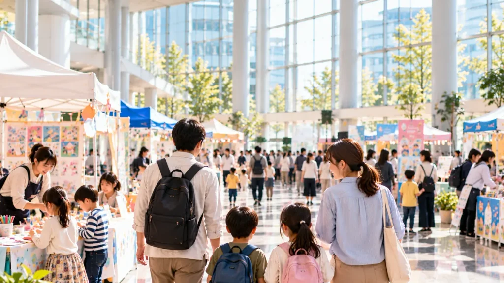 秋田拠点センターアルヴェのイベント会場を親子連れが巡る様子