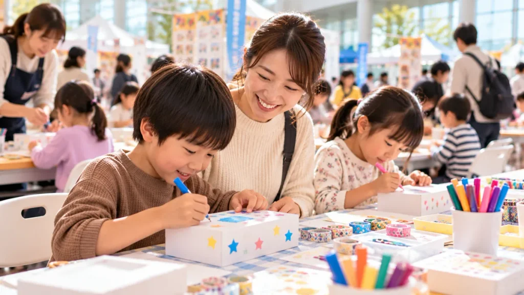 イベント会場で箱に絵を描く子どもと、そばで見守る母親