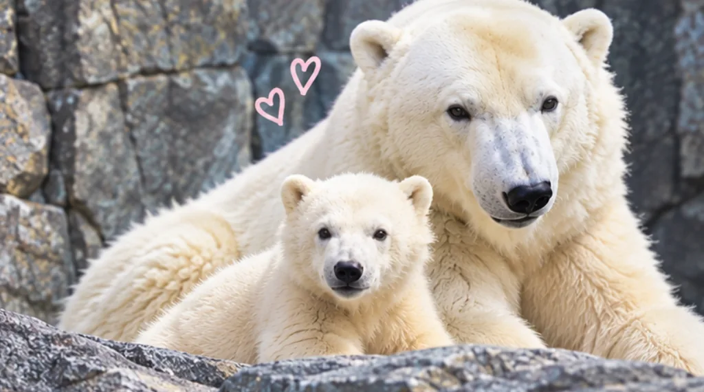 岩場で寄り添う大人のホッキョクグマと子グマ