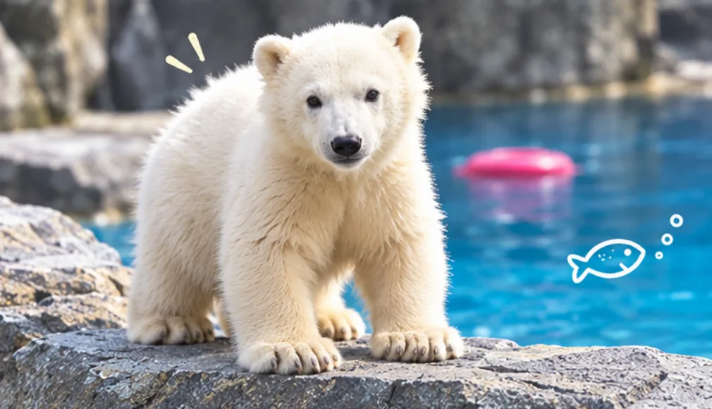 青いプールのそばの岩場に立つホッキョクグマの子ども