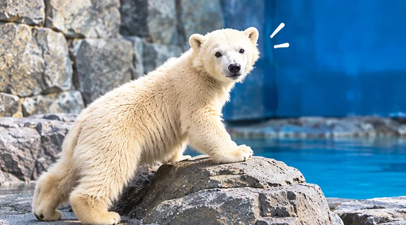 岩場に前足をかけてこちらを振り返るホッキョクグマの子ども