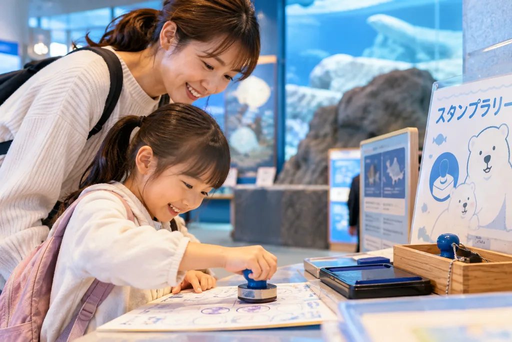 水族館でスタンプラリーの台紙にスタンプを押す子どもと見守る女性