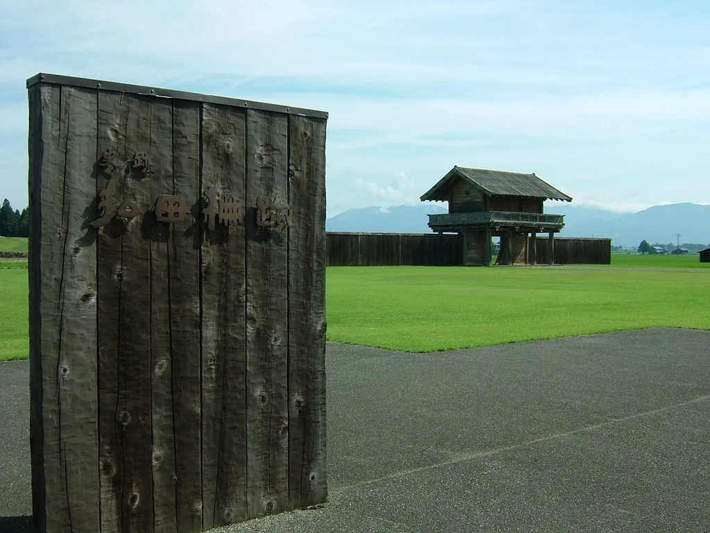 払田柵跡の木製案内板と芝生の広場の奥に建つ復元門