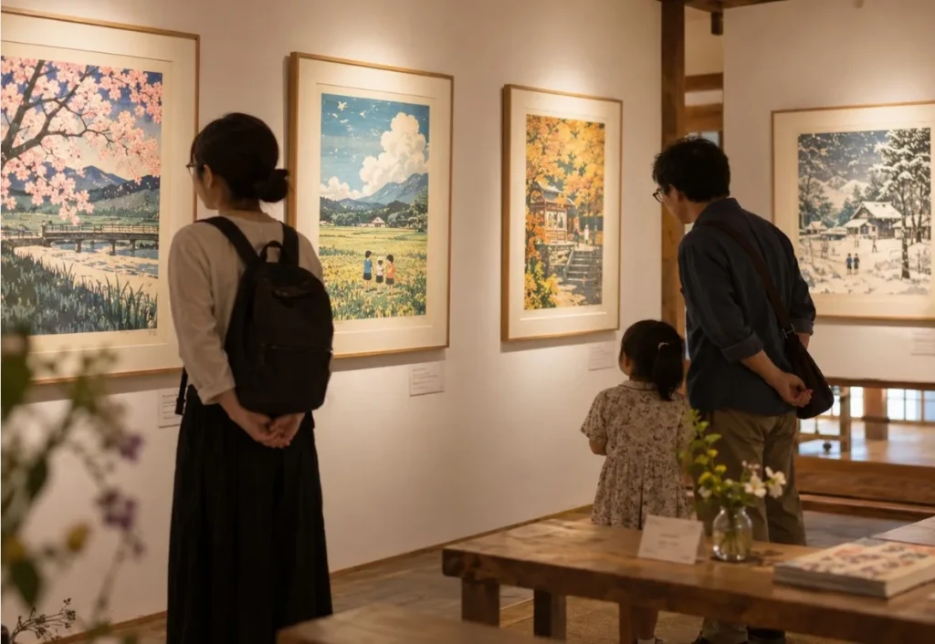 桜や夏の風景、紅葉、雪景色を描いた額装作品を家族が鑑賞する展示室のイメージ