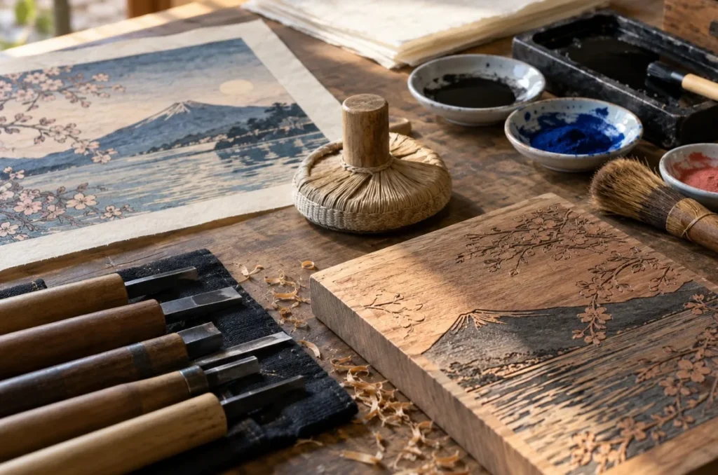 木版画の版木と彫刻刀、ばれん、刷毛、絵の具を木製の机に並べた制作道具のイメージ