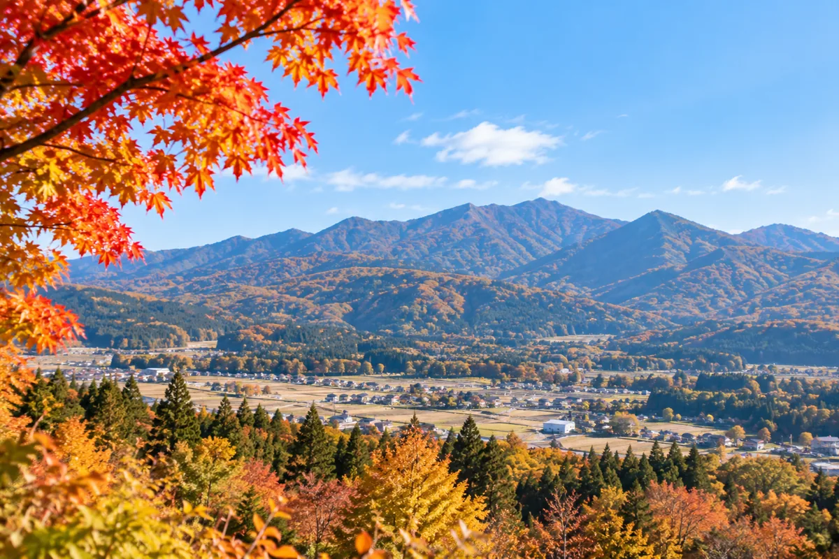 紅葉に彩られた鹿角の山並みと秋の田園風景