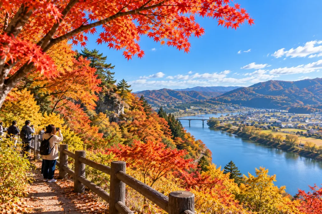 紅葉に彩られたきみまち阪から山と川を望む秋の風景