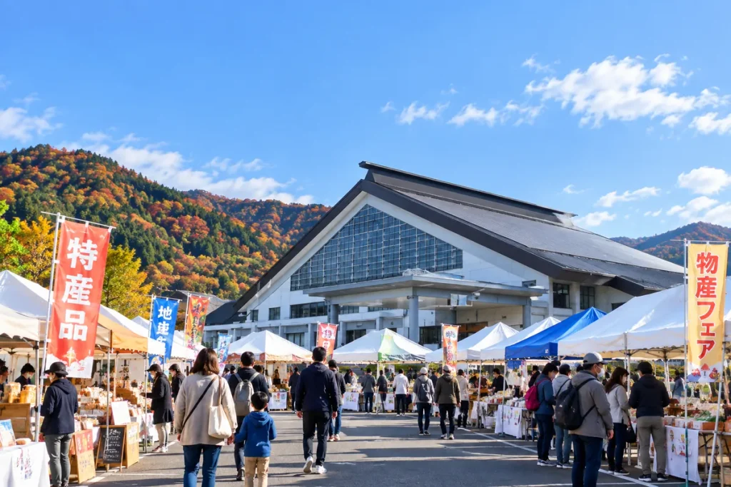 秋の紅葉に囲まれた二ツ井町総合体育館と物産フェアの会場