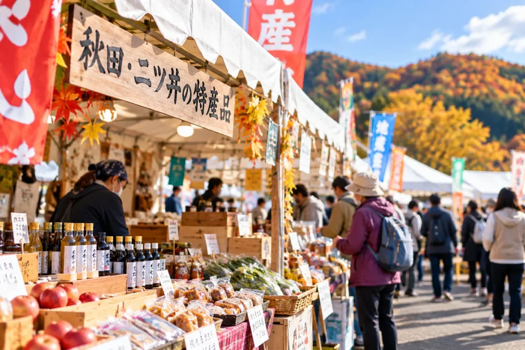 秋田・二ツ井の物産品が並ぶフェスティバルの出店会場