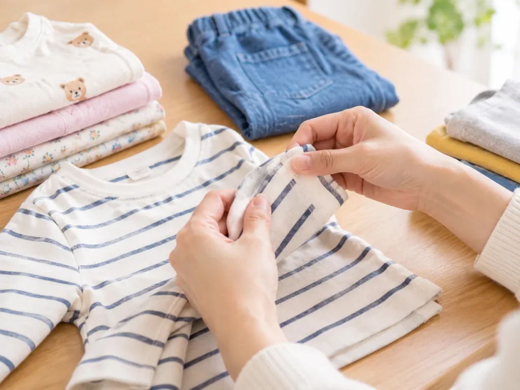 手でボーダー柄の子ども服の生地を確認している様子