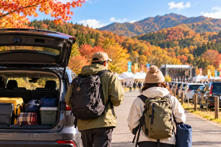 秋の山間にあるフェス会場へ車で向かう来場者と荷物を積んだ車