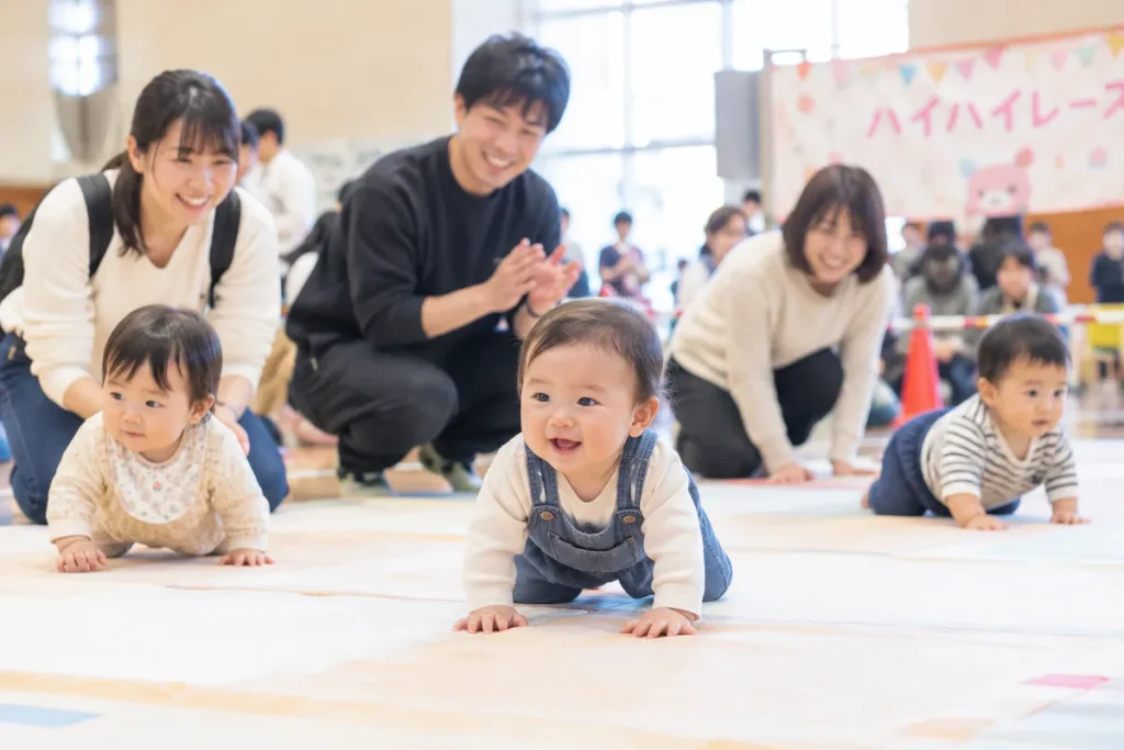 赤ちゃんが参加するハイハイレースの様子