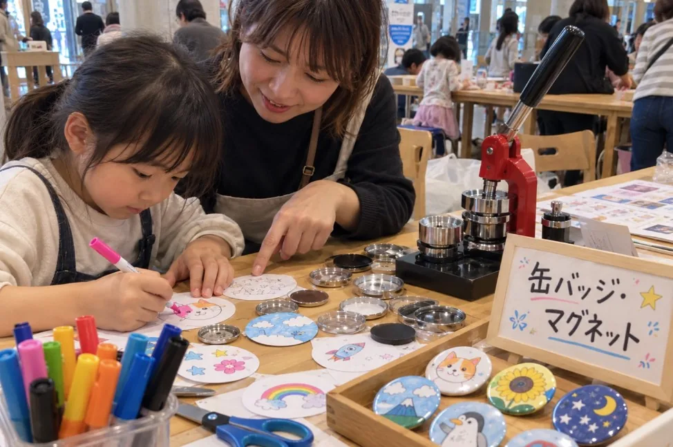 缶バッジとマグネットの制作コーナーでイラストに色を塗る子どもと見守る大人