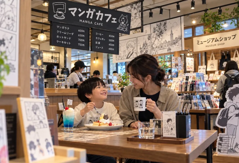 マンガ作品のイラストが飾られたカフェでデザートを食べる子どもと飲み物を持つ大人
