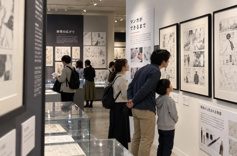 額装されたマンガ原画や展示資料を鑑賞する来館者がいる美術館の展示室
