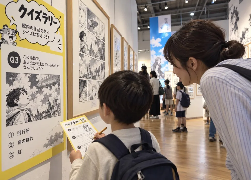 マンガの展示パネルの前でクイズの回答用紙に答えを書き込む子どもと見守る大人