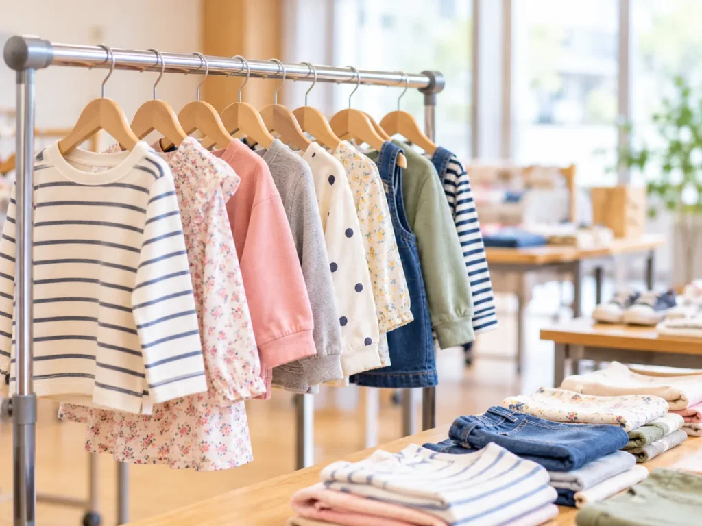 木製ハンガーに掛けられたボーダー柄や花柄などの子ども服