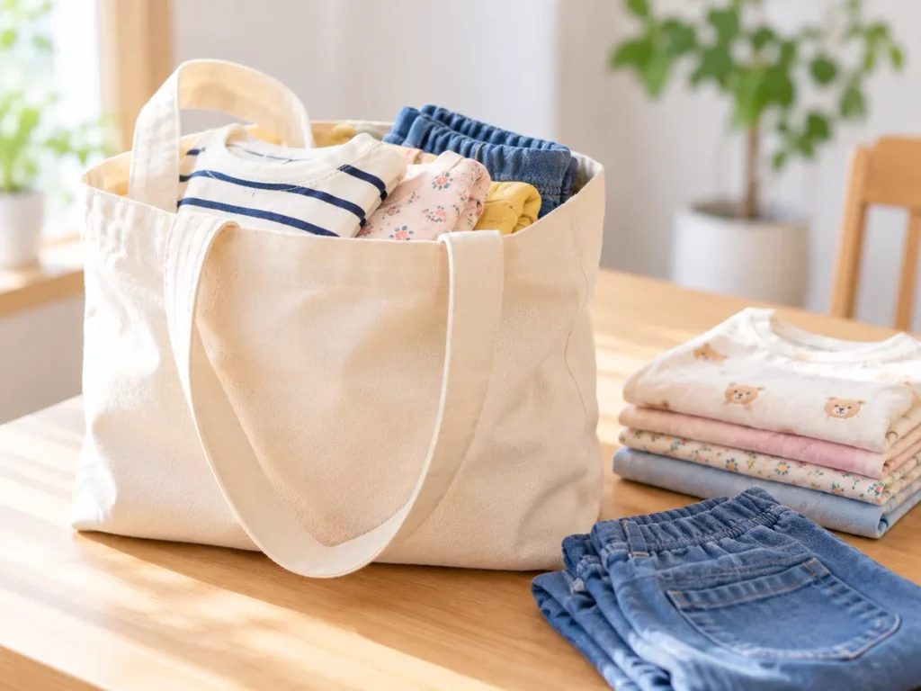 折りたたんだ子ども服を入れた生成り色のトートバッグと、横に置かれたデニムパンツ