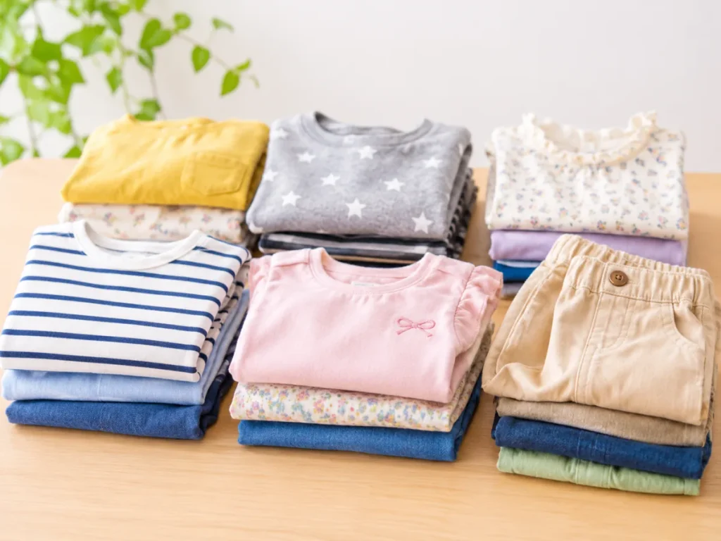 木製テーブルに色や柄ごとにたたんで並べられた子ども服