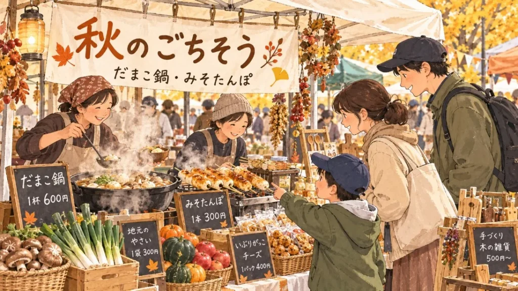 だまこ鍋やみそたんぽ、地元野菜が並ぶ秋のマルシェのイラスト