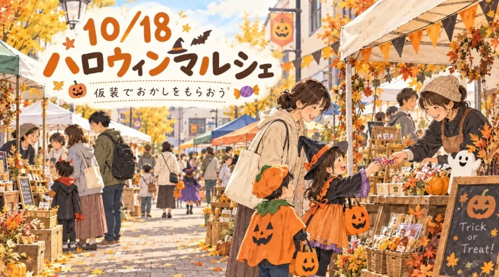 ハロウィンの仮装をした子どもたちがマルシェでお菓子を受け取るイラスト