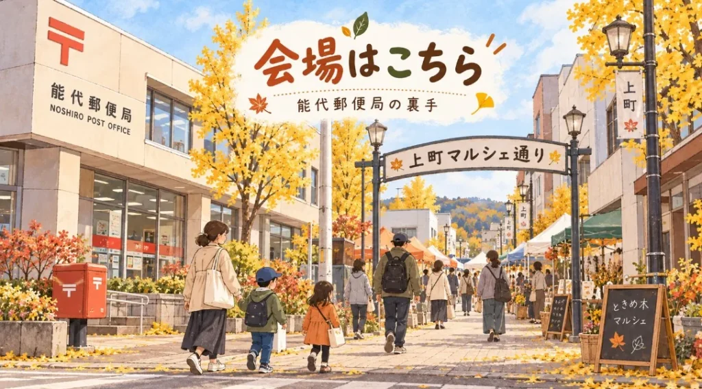 能代郵便局と上町マルシェ通りの入口を描いた案内イラスト