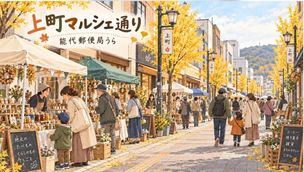 秋の上町マルシェ通りにテントが並び、買い物客が歩く様子を描いたイラスト