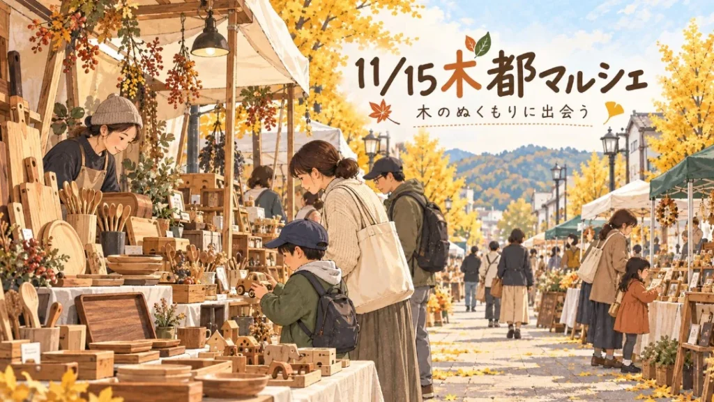 親子が講師と一緒に木材を使った工作を楽しむイラスト