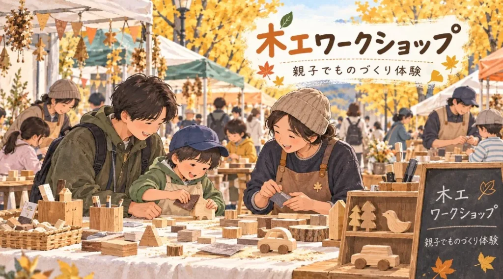 親子が講師と一緒に木材を使った工作を楽しむイラスト