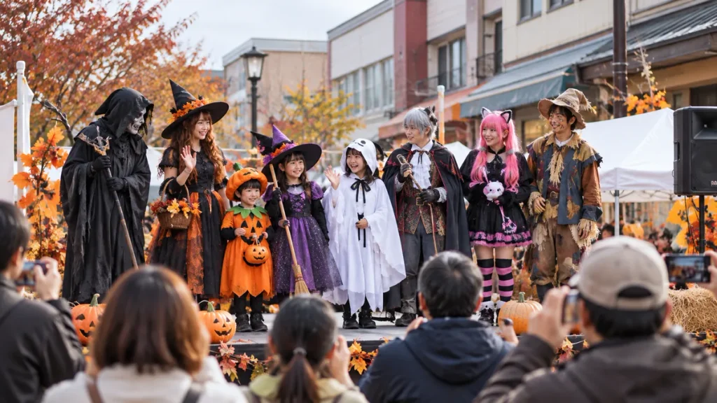 魔女やカボチャなどのハロウィン衣装を着た参加者が屋外イベントで並ぶ様子