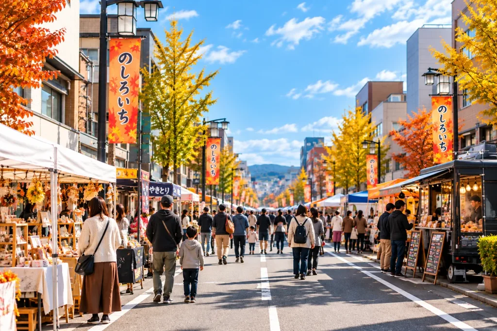 秋の商店街の道路沿いにテントや飲食ブースが並び、歩行者が行き交う様子
