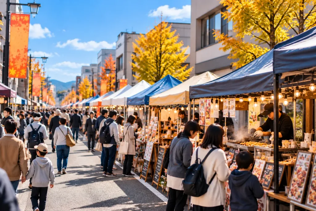 秋晴れの商店街に飲食ブースやテントが並び、多くの来場者でにぎわうマーケット