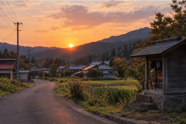 夕日に照らされた山田地域の集落と山並み