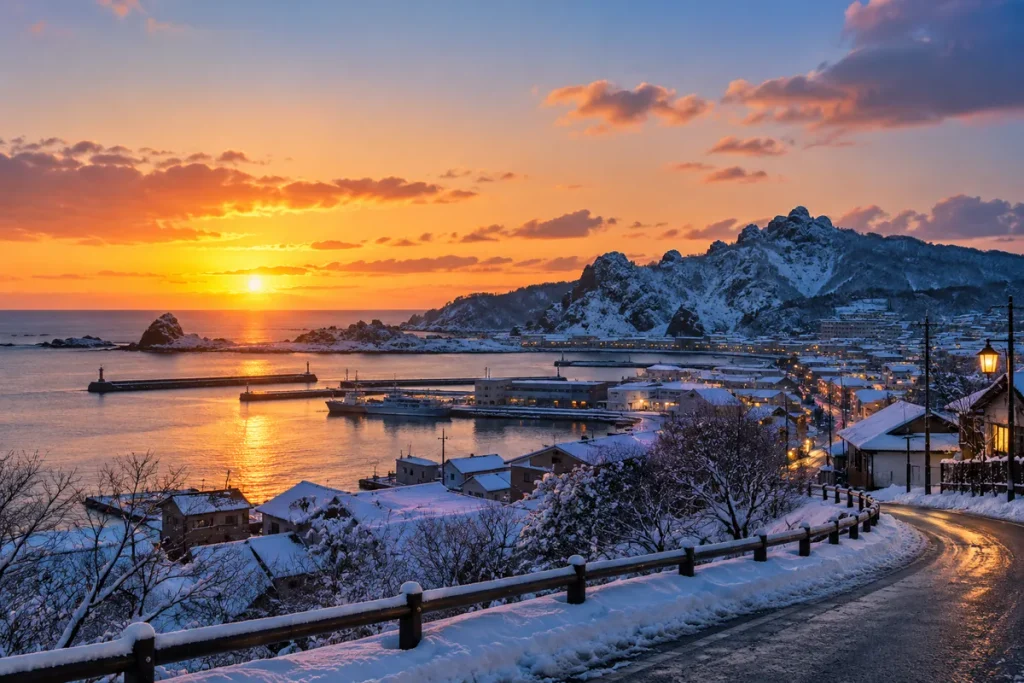 雪に覆われた男鹿の港町と海に沈む夕日