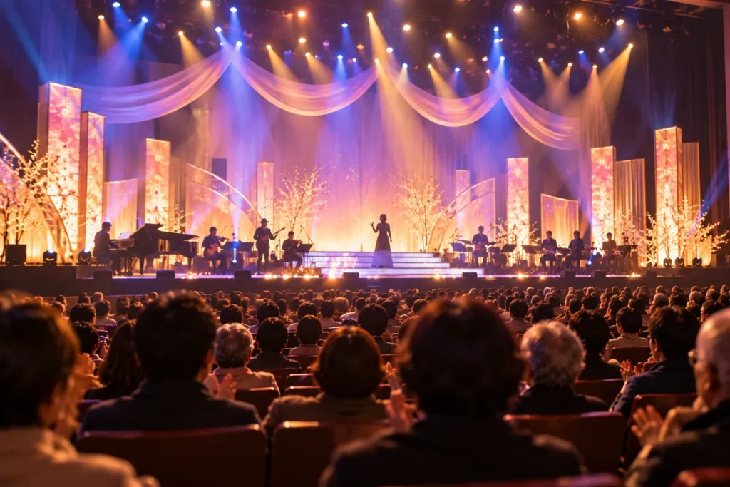 観客を前に歌謡ステージで演奏する出演者