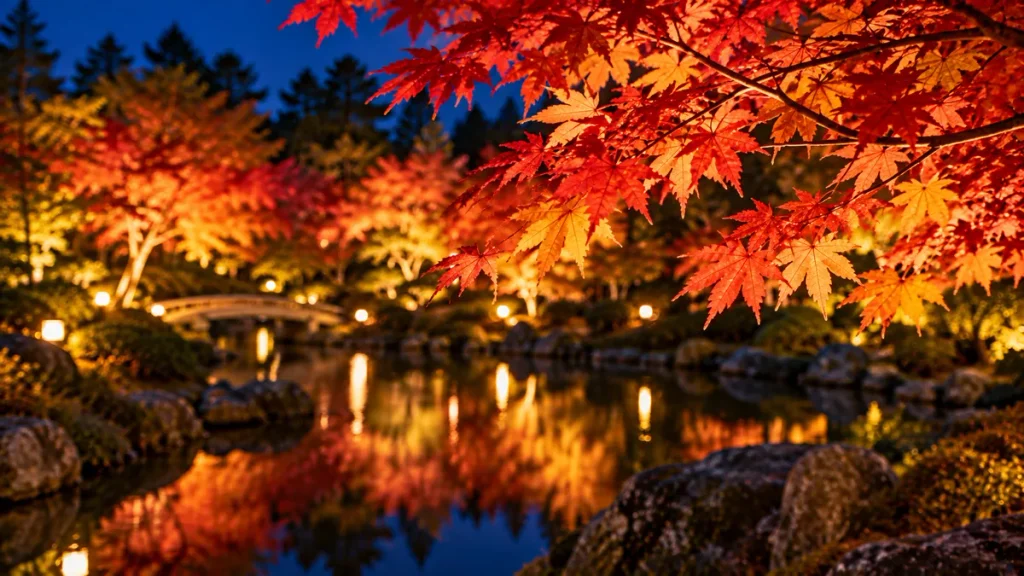 夜の日本庭園で赤やオレンジ色にライトアップされた紅葉と池に映る光