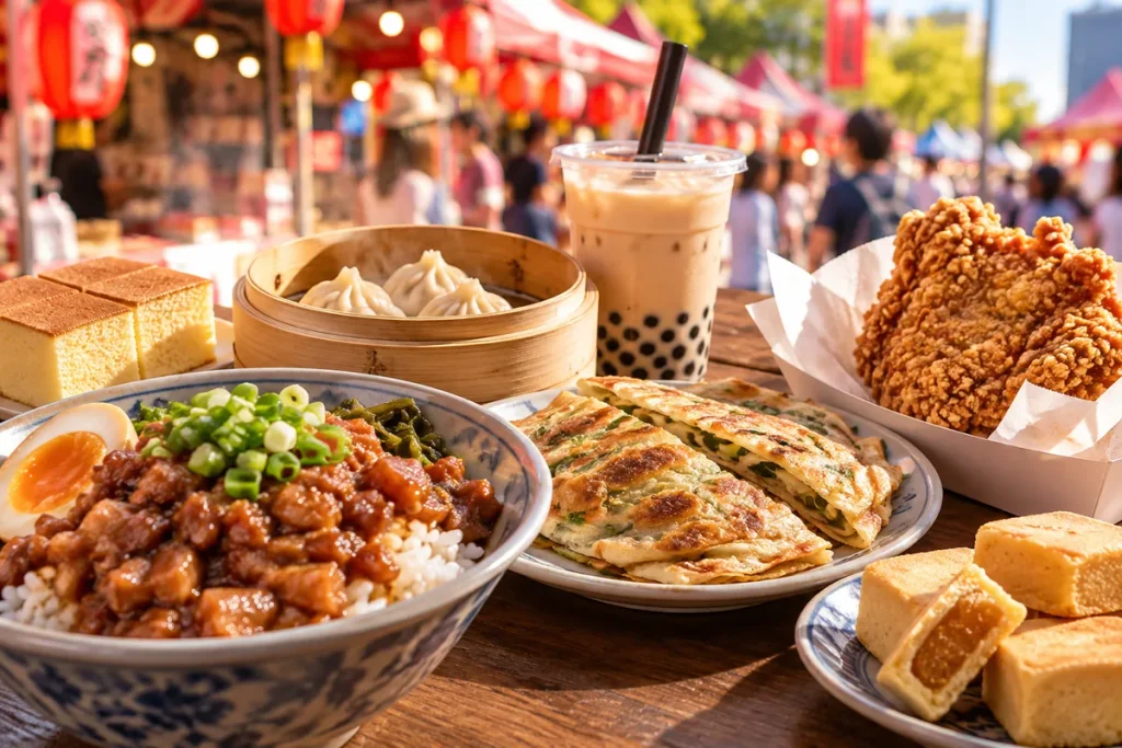 ルーローハン、小籠包、葱抓餅、大鶏排、台湾カステラ、タピオカドリンクなどの台湾グルメ